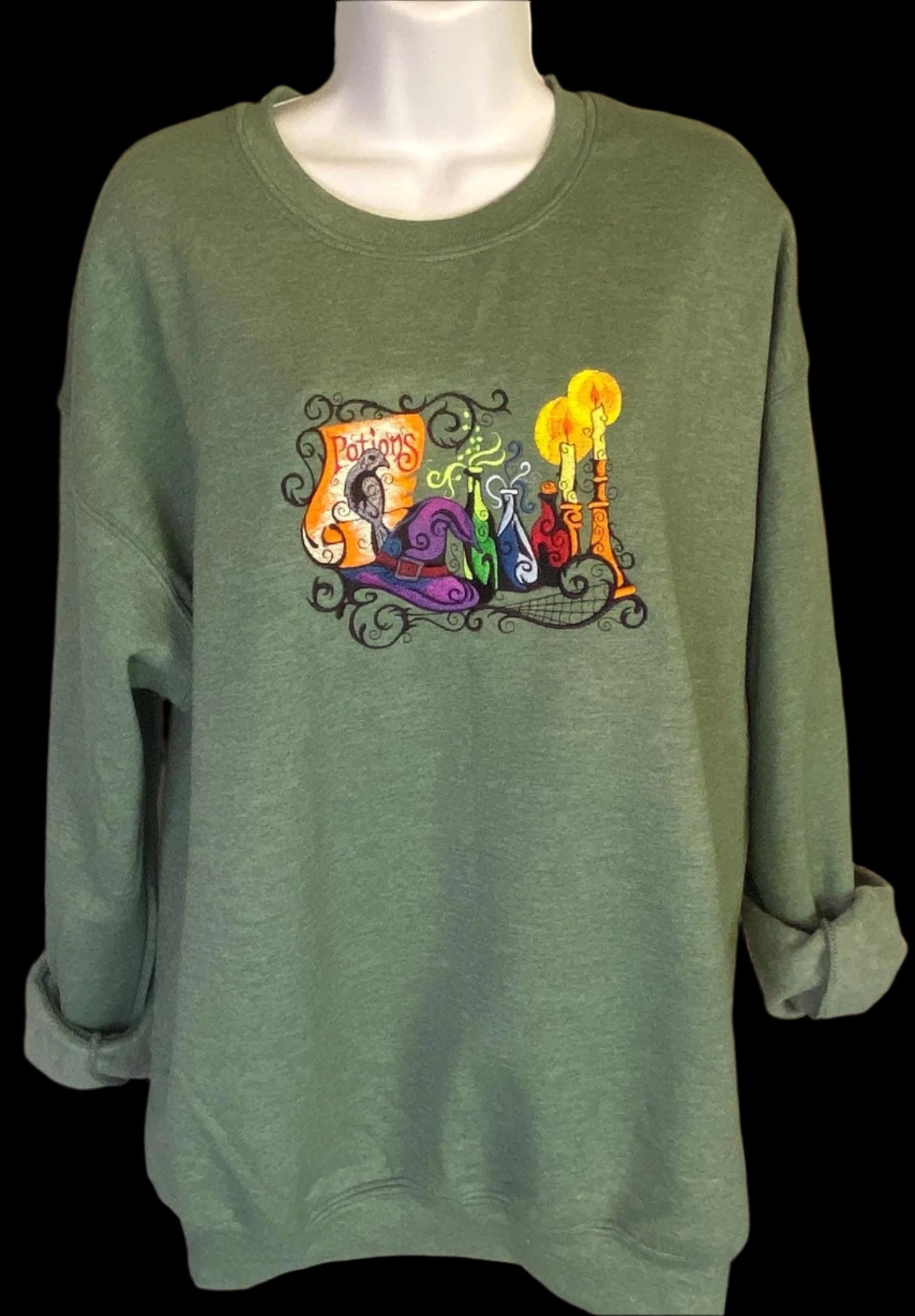 Witchcraft Magic Spell Book Embroidered Sweatshirt, Witchy Potions and Candles, Halloween Sweater, Gift For Him, Her, Wizard, Witch Hoodie