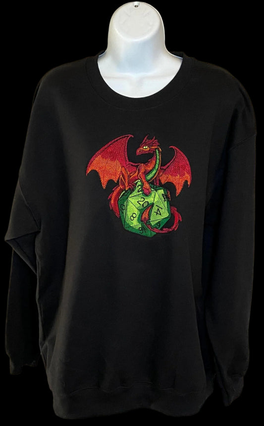 Black sweatshirt with a red and green dragon design on a white background